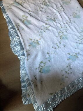 🐻 SIMPLY SHABBY CHIC blue floral Fleece fluffy blanket KING RARE !!! 2 Ply